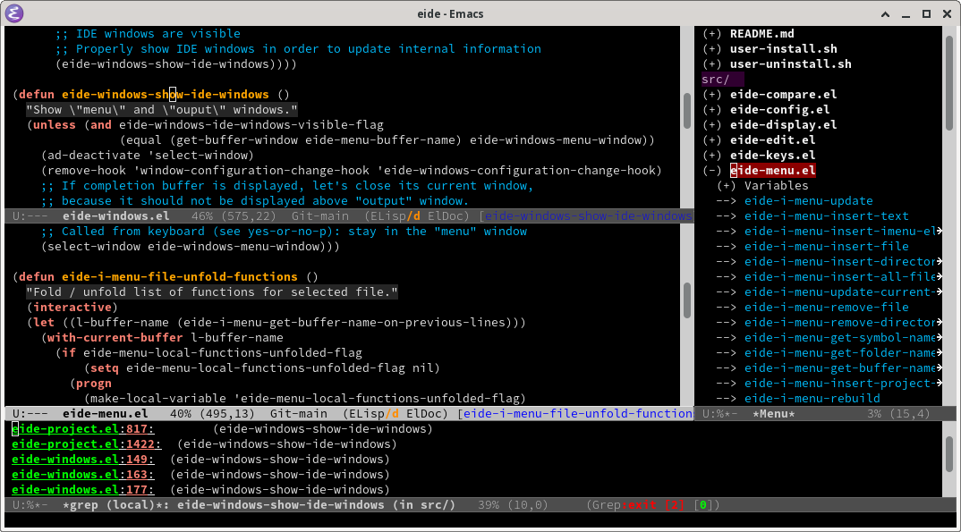 Screenshot of Emacs with eide package and eide-dark theme